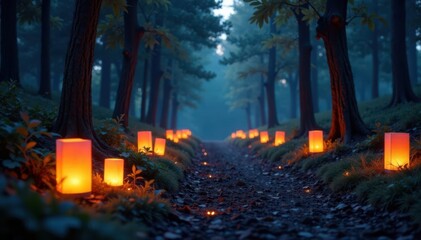 Fototapeta premium Softly glowing lanterns surround a serene forest, gentle glow, woodland scenery