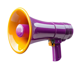 Promoting events with a purple megaphone venue product bright environment. Isolated on transparent background, png.