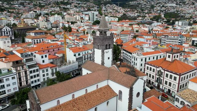 Drone view of Cathedral of Our Lady of the Assumption in Funchal city, capital of Madeira Island, Portugal