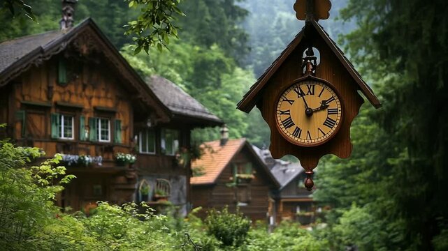 A traditional wooden cuckoo clock hangs in the foreground of a lush, forested village scene with charming alpine-style cabins. The setting evokes a peaceful, storybook atmosphere nestled in nature.