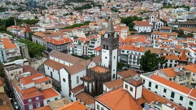 Drone view of Cathedral of Our Lady of the Assumption in Funchal city, capital of Madeira Island, Portugal
