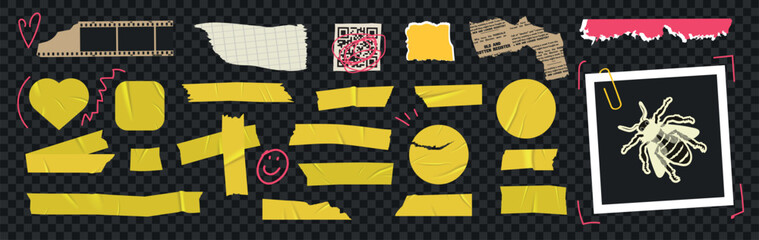 Yellow duct tape for photo collage. Collage frame with bee, paper clip, barcode, retro gazette, stickers and torn paper. Bright scotch tape for the frame. Vector elements. 
