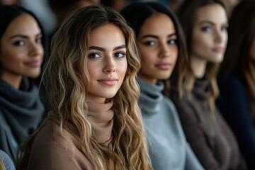Obraz premium Diverse group of women from various cultural backgrounds at a fashion event urban setting portrait photography indoor environment close-up viewpoint highlighting diversity
