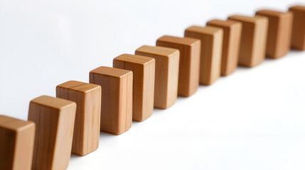 Domino Effect: A row of wooden dominoes lined up, symbolizing the chain reaction and unstoppable force of an event.  A perfect visual representation of the concept of domino effect and its  power.  