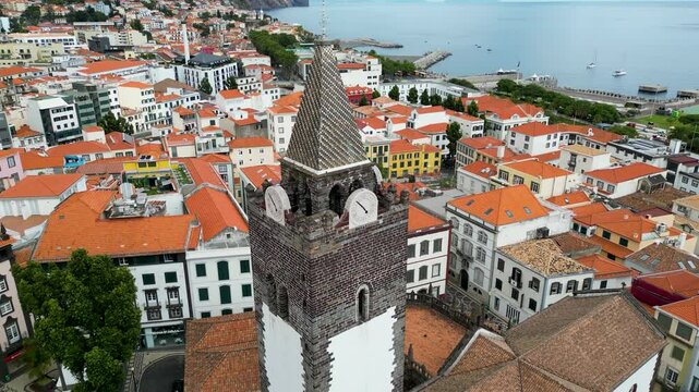 Tower of Cathedral of Our Lady of the Assumption in Funchal city, capital of Madeira Island, Portugal