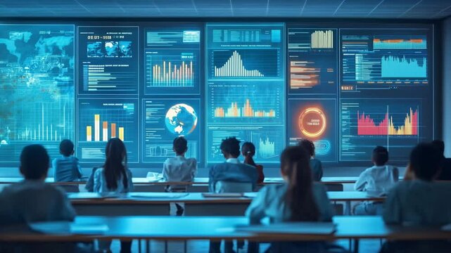 Students sit in a modern classroom facing a massive digital wall filled with interactive charts, graphs, and data visualizations, illustrating a futuristic approach to education and data-driven 