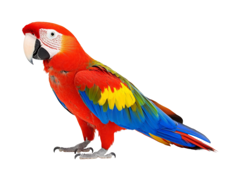 Colorful scarlet macaw parrot in nature vibrant wildlife view. Isolated on transparent background, png.