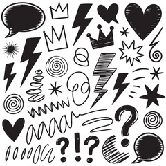 Crayon Charcoal Doodle Vector Set, Hand-Drawn Sketch Elements: Speech Bubbles, Hearts, Lightning Bolts, Stars, Arrows, Crowns & Scribbles