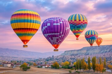 Obraz premium Colorful Hot Air Balloons Ascending over a Picturesque Town at Sunrise