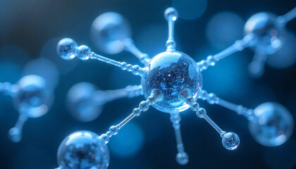 Obraz premium Close up of a blue molecule structure with spheres and connecting rods on a dark blue background