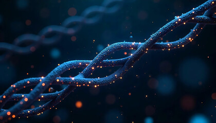 Close up of a blue twisted structure with orange particles against a dark blue background