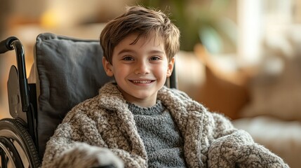 Joyful boy with short brown hair smiling in a wheelchair indoors. -