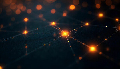 Abstract network with glowing orange nodes connected by lines on a dark blue background design