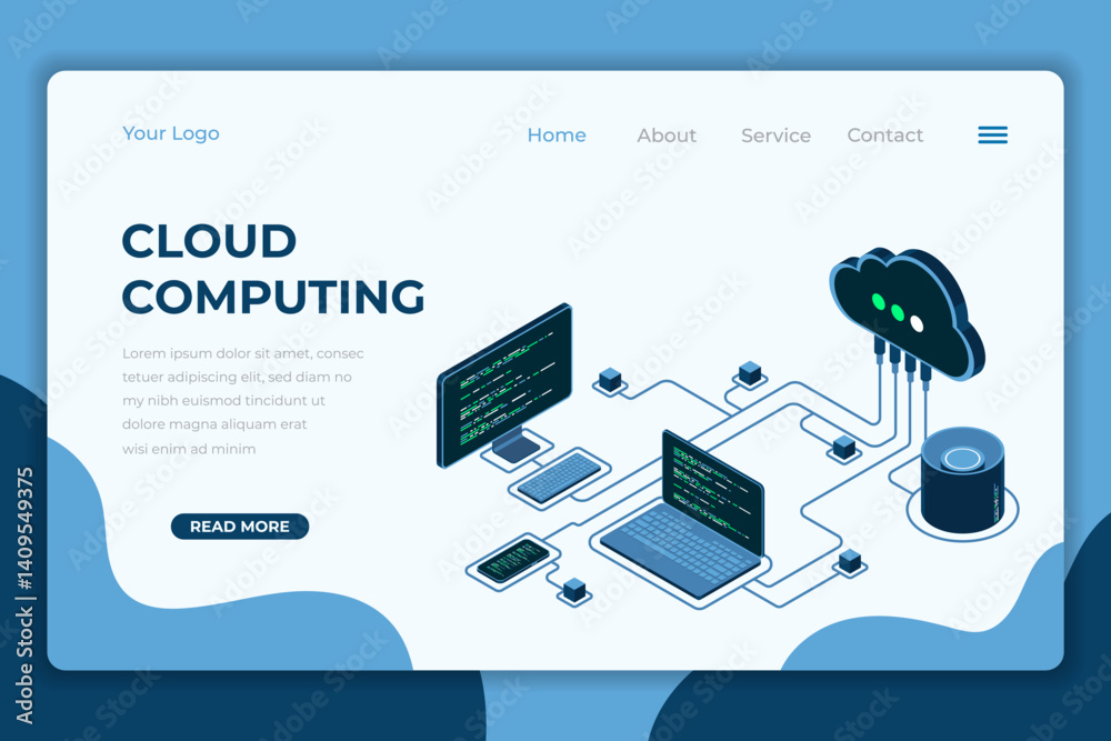 Poster Cloud computing isometric landing page. Cloud storage server. Cloud computing online database technology. Isometric technology