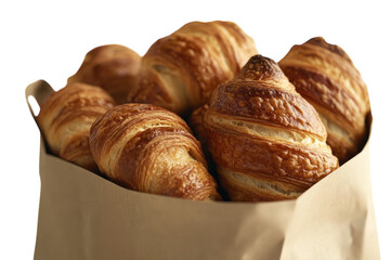 Golden brown croissants in a paper bag a delightful bakery treat warm on transparent background