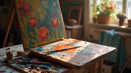 Fototapeta premium An artist's easel with a cloth canvas on which red flowers are painted in oil paints. An art studio.