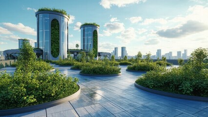 Obraz premium Modern building with lush green rooftop garden, showcasing innovative urban sustainability. Harmonizes sleek architecture and nature for eco-conscious living
