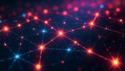 Abstract network of glowing nodes connected by lines in a dark blue and purple background
