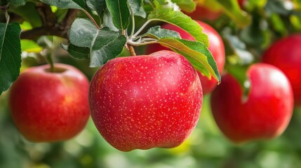 Obraz premium Lush red apples hanging from the branches in an enchanting orchard during a sunny afternoon