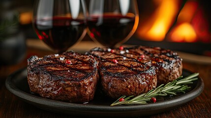 Juicy grilled steaks with rosemary served on a plate, accompanied by red wine glasses and a fire burning in the background. 