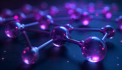 Close up view of a purple molecular structure with glowing spheres connected by thin rods on dark background