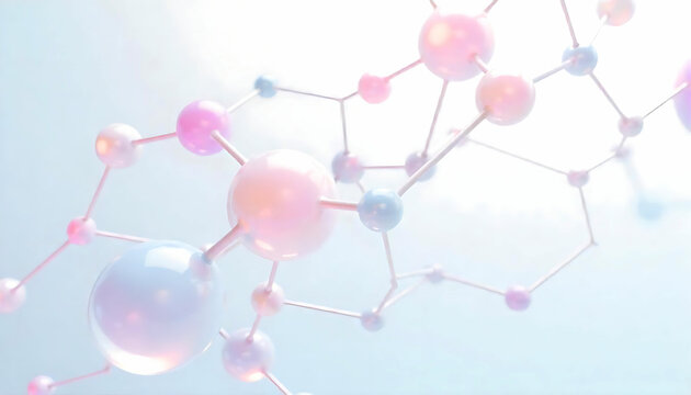 Fototapeta A delicate network of interconnected spheres and lines in pastel shades against a soft white background