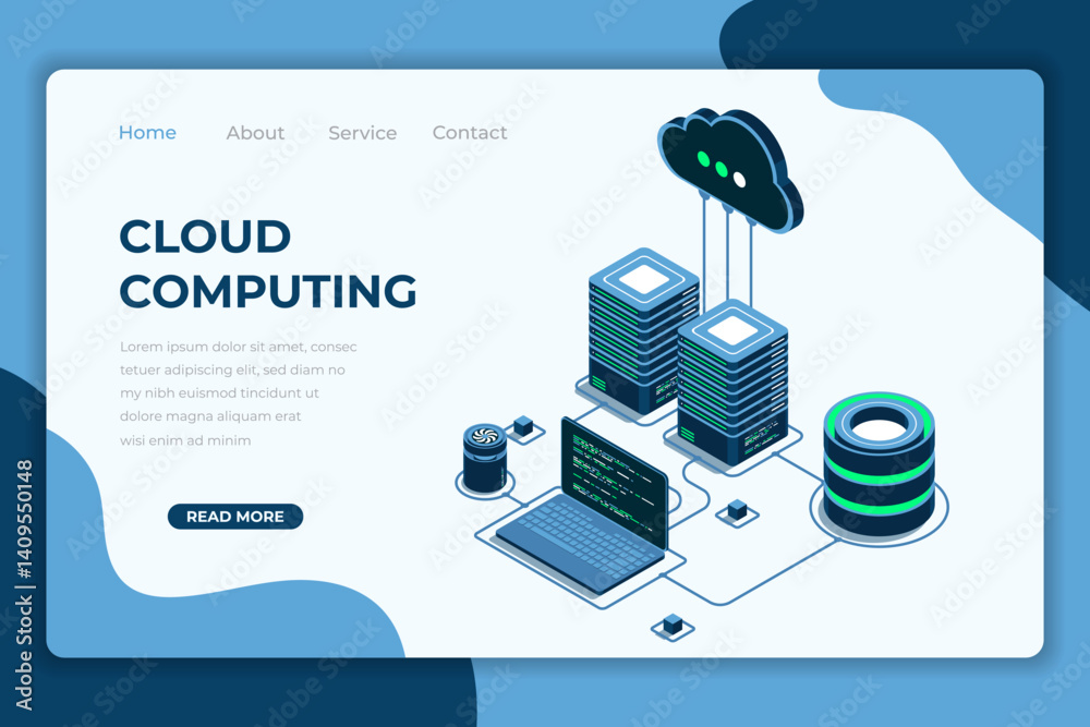 Poster cloud computing isometric landing page. cloud storage server. cloud computing online database techno