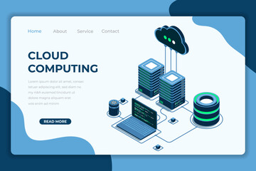 Cloud computing isometric landing page. Cloud storage server. Cloud computing online database technology. Isometric technology