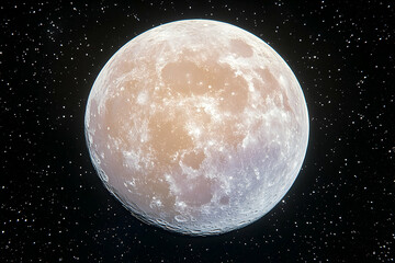 Full, pale moon in a starlit night sky.