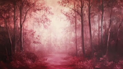 Crimson forest path, bathed in ethereal light.
