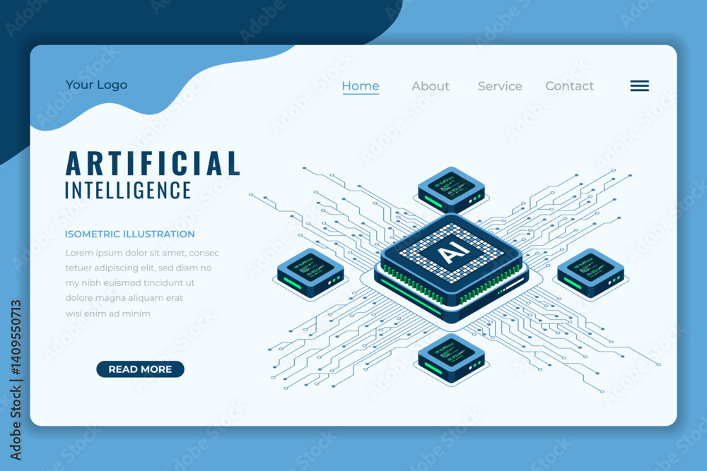 Poster artificial intelligence isometric landing page. ai technology. artificial intelligence chip. machine