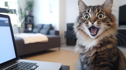 Surprised Cat near Laptop: A fluffy tabby cat with wide, surprised green eyes and an open mouth sits near a laptop, creating a humorous and endearing scene.