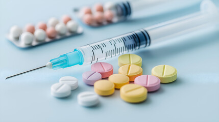 Medication and Syringe: Close-up view of colorful pills and tablets scattered near a syringe, suggesting medication and healthcare.