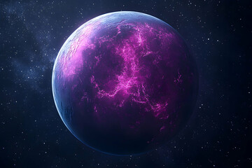 Vast, purple alien planet in a cosmic expanse.