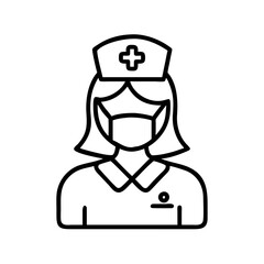 Nurse doctor healthcare medical professional wearing mask with hat and cross line art icon vector