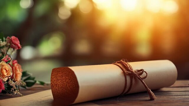 Romantic setup featuring flowers and a scroll at sunset, perfect for celebrations and special moments
