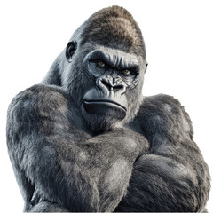 Fototapeta premium Powerful Gorilla with Folded Arms Isolated on White Background Silverback Dominant Male Great Ape Wildlife Animal Portrait Endangered Species Conservation Pride Strength Masculinity 3D Render