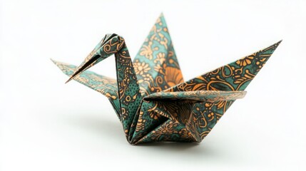 Intricate Origami Crane in Teal and Gold