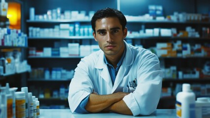 Fototapeta premium Confident pharmacist in lab coat at a pharmacy counter with shelves of medicine.