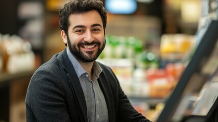Obraz premium Smiling man in supermarket. Confident, friendly, shopping for groceries.