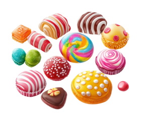 Colorful candy delights dessert table food festive atmosphere top view sweet treats. Isolated on transparent background, png.
