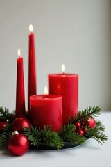 Burning red candles centerpiece, Christmas decor , background, stars