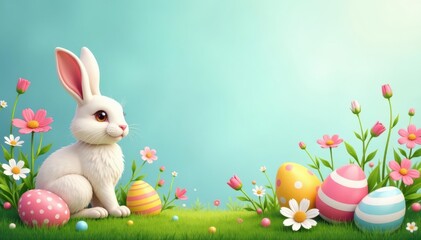 Fototapeta premium Charming Easter banner with whimsical eggs, bunnies, & blooms , holiday, cute, pastel