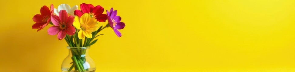 Naklejka premium Clear glass vase, colorful flowers, yellow backdrop, studio, texture, bouquet