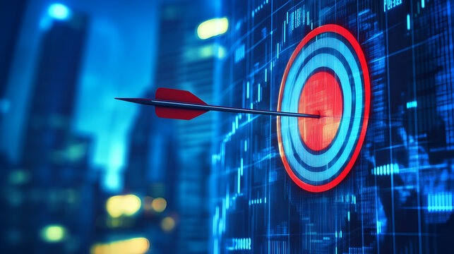 Precise Accuracy: A sharp, focused arrow pierces the heart of a bullseye, symbolizing precision, accuracy, and goal achievement in a data-driven world.