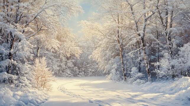 Serene winter wonderland snowy forest path peaceful nature scene icy art cold blue calm trees white