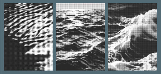 Oceanic Halftone Poster Set featuring Abstract Wave Patterns and Sea Textures in Blue and White, perfect for Modern Graphic Design and Creative Summer Backgrounds. © annetdebar