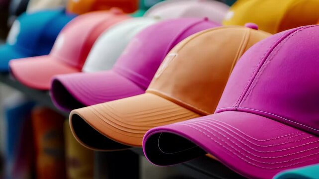 Colorful baseball caps lined up in a vibrant display at a summer market, Colorful baseball caps displayed in row, with focus on pink cap
