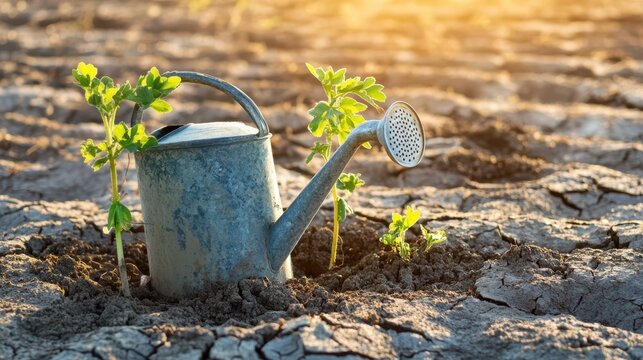 Cracked garden soil with lonely watering can in evening sunlight