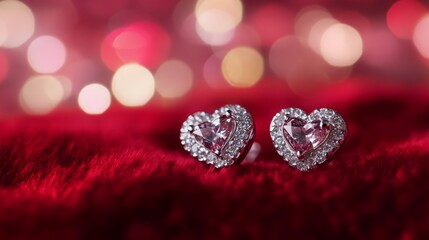 Heart-shaped earrings sparkle on red velvet.